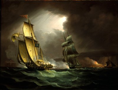 Een smokkelaar achtervolgd door een brik door Thomas Buttersworth