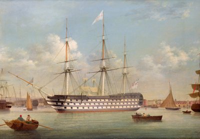 H.M.S. Britannia voor anker bij Plymouth door Thomas Buttersworth