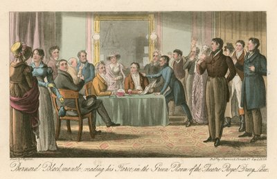 Bernard Blackmantle, die zijn Klucht Leest in de Groene Kamer van het Theatre Royal, Drury Lane, Londen door Thomas Charles Wageman