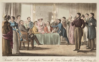 Bernard Blackmantle leest zijn klucht in de Groene Kamer van Covent Garden Theatre, uit The English Spy, uitgegeven 1824 door Thomas Charles Wageman