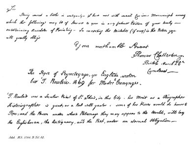 Deel van een brief van Thomas Chatterton aan Horace Walpole, laat 18e eeuw, 1840 door Thomas Chatterton