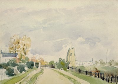Suffolk landschap, een brede weg met een klein huis, een kerk en bomen door Thomas Churchyard