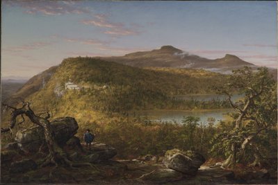 Gezicht op de twee meren en Mountain House, Catskill Mountains, ochtend door Thomas Cole