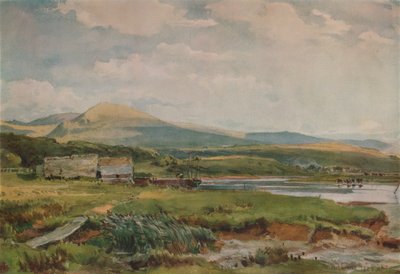Rivierscène met huisjes, ca. 1887 door Thomas Collier