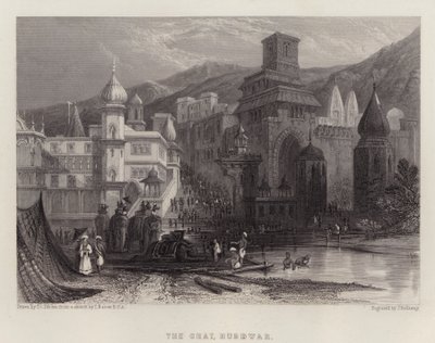 De Ghat, Hurdwar (kleur litho) door Thomas Colman (after) Dibdin