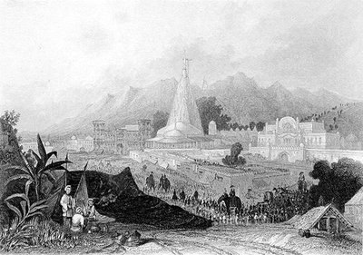 De grote tempel, Hurdwar, met processie van hindoe-pelgrims, gegraveerd door W. Finden, uit 