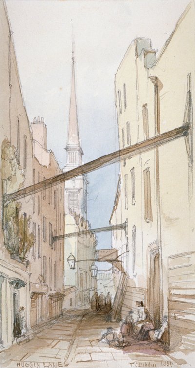 Huggin Lane, City of London, 1851 door Thomas Colman Dibdin
