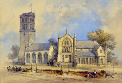 Kerk van de stad voor de brand van 1841 door Thomas Colman Dibdin