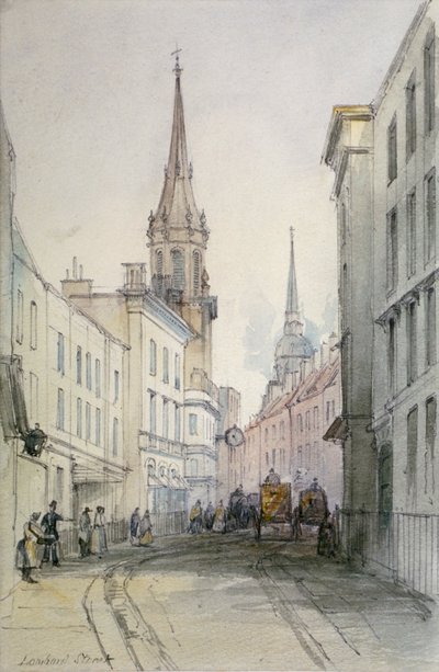 Uitzicht langs Lombard Street, kijkend naar het oosten, met figuren en rijtuigen, City of London, 1851 door Thomas Colman Dibdin