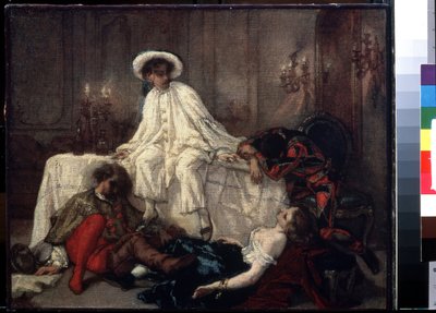 Na het gemaskerd bal. Het einde van het feest, vier verklede figuren liggen of zitten uitgeput na een drukke avond. door Thomas Couture