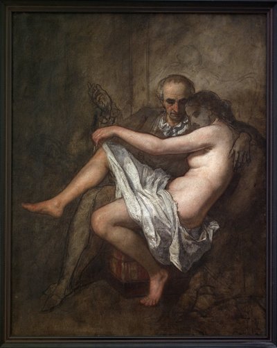 Baudelaire en president Sabatier. Een intiem en onvoltooid schilderij dat de dichter Charles Baudelaire (1821-1867) en zijn muze minnares Apollonie Aglae Sabatier (1822-1889) toont, bekend als de president die een werelds salon in het 19e-eeuwse Parijs org door Thomas Couture