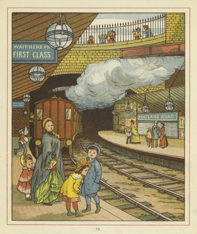 Een vrouw die met een groep kinderen op een perron staat bij het Portland Road treinstation door Thomas Crane