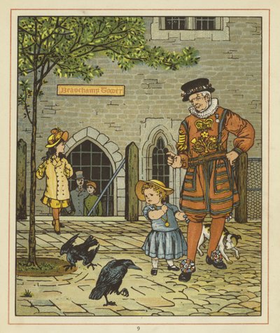 Een jong meisje staat nerveus naast een Yeoman van de Garde door Thomas Crane