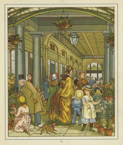 Interieurzicht van mensen tussen de bloemen te koop in Covent Garden door Thomas Crane