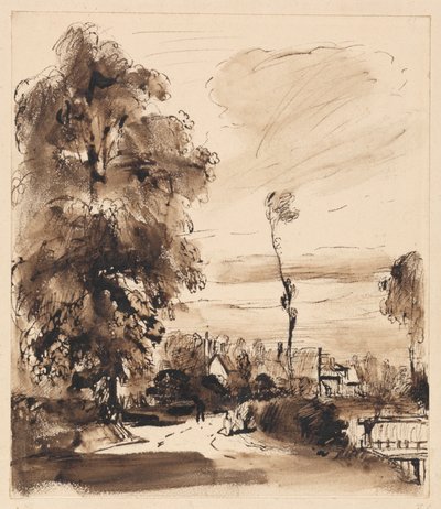 Een landweg met huisjes door Thomas Creswick