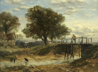 Landschap met stroom, brug en huisje door Thomas Creswick