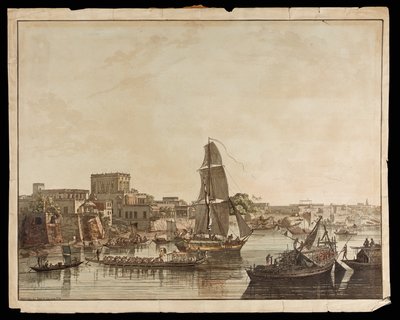 Calcutta vanaf de rivier Hoogly: Gentoo-gebouwen uit de Zichten van Calcutta, 1788 door Thomas Daniell