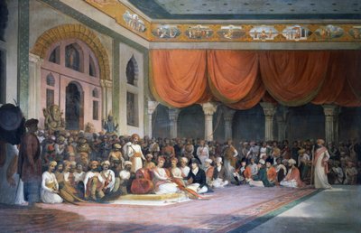 Charles Warre Malet sluit verdrag met Peshwa van het Maratha Rijk in 1790 in Durbar door Thomas Daniell