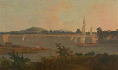 Pinas die de Ganges afvaart langs het Fort van Monghyr door Thomas Daniell