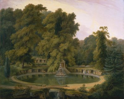 Tempel, fontein en grot in Sezincote Park door Thomas Daniell