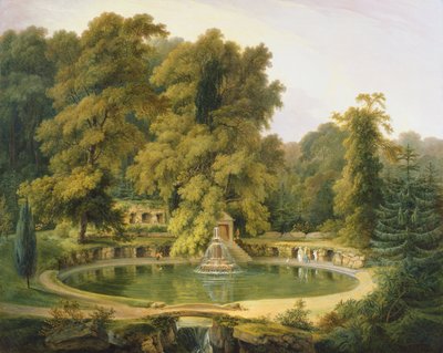 Tempel, Fontein en Grot in Sezincote Park door Thomas Daniell