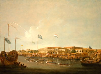 De Hongs in Canton vanuit het zuidoosten, met een regatta op de Pearl rivier door Thomas Daniell