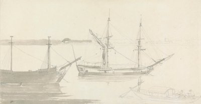 Twee afgemeerde schepen en een vissersboot door Thomas Daniell