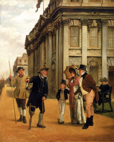 Het verhaal van de bewoners, voor het King Charles court gebouw bij Greenwich Hospital, een bewoner met een houten been, gekleed in het reglementaire uniform, spreekt met een bezoekend paar en hun zoon, om hen heen, twee andere bewoners door Thomas Davidson