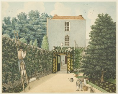 Een uitzicht op de ingang vanaf York Street, met twee tuinmannen aan het werk, op 14 St James