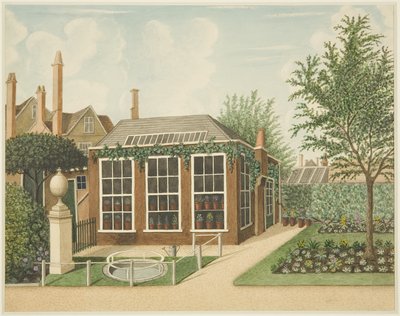Een uitzicht op de kas en een kleine vijver vanaf het grindpad bij 14 St James