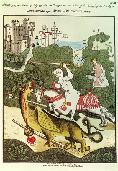 St. George en de Draak, naar een origineel schilderij in de Kapel van de Drie-eenheid in Stratford Upon Avon, Warwickshire, 1804 door Thomas Fisher Hoxton