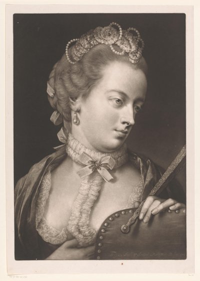 Vrouw met een kanten halsband, een diadeem en waaier door Thomas Frye