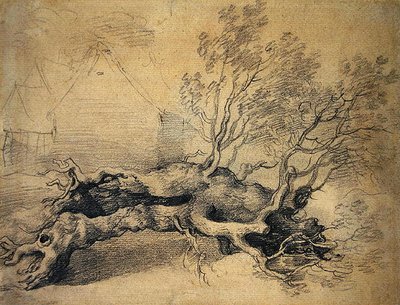 Een omgevallen boom met boerderijgebouwen daarachter door Thomas Gainsborough