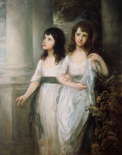 Een groepsportret van de dames Sloper, beiden bijna volledig staand in witte jurken met blauwe sjerpen door Thomas Gainsborough
