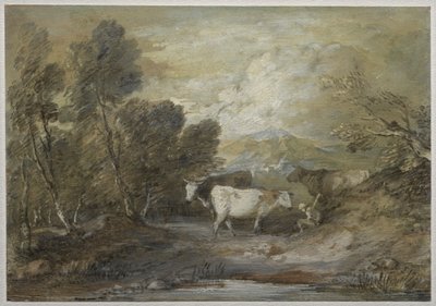 Een Herder met Drie Koeien bij een Hooglandplas door Thomas Gainsborough