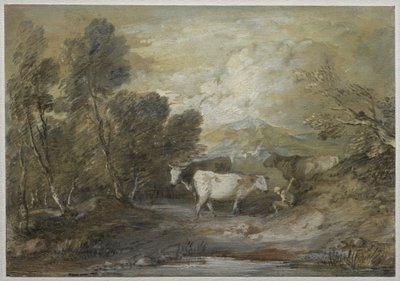 Een herder met drie koeien bij een bergmeertje door Thomas Gainsborough