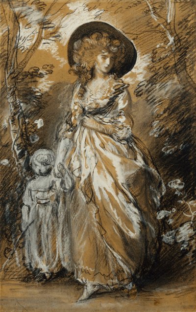 Een Dame Wandelend in een Tuin, Volledig Staand en Haar Kleine Kind bij de Hand Houdend; Mogelijk een Studie voor The Richmond Water-Walk door Thomas Gainsborough