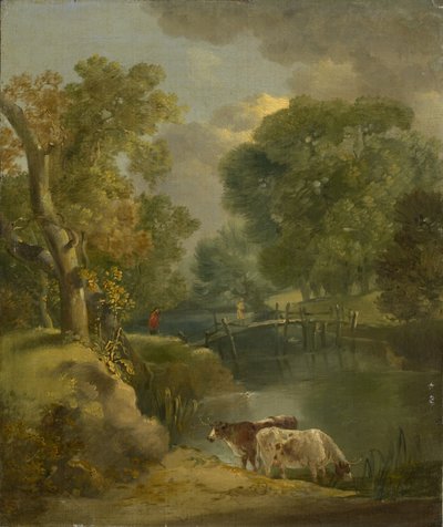 Een rivierlandschap met twee koeien en een figuur op een brug, 18e eeuw door Thomas Gainsborough