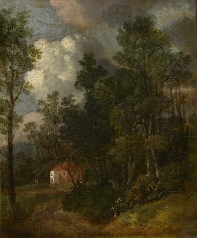 Een bebost landschap met figuren bij een huis, ca. 1752 door Thomas Gainsborough