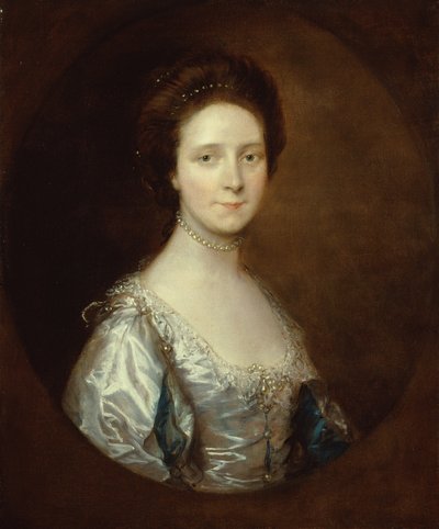 Elizabeth Parry in een witte jurk en blauwe mouwen door Thomas Gainsborough