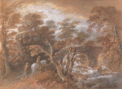 Heuvelachtig Landschap met Figuren die een Brug Naderen door Thomas Gainsborough
