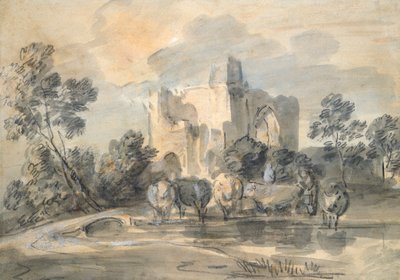 Landschap met een Vernietigd Kasteel en Vee bij een Poel door Thomas Gainsborough