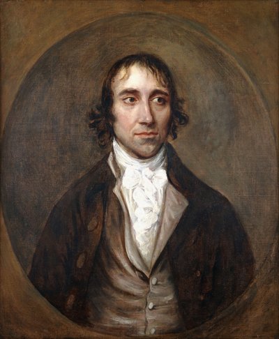 Portret van John Gainsborough, de broer van de kunstenaar, buste lengte, in een bruine jas en vest en witte das door Thomas Gainsborough