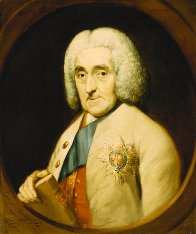 Portret van Lord Chesterfield, buste lengte, dragend de Orde van de Kousenband, een boek houdend, in een geschilderd ovaal door Thomas Gainsborough