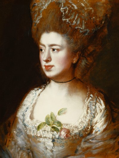Portret van Miss Mary Gainsborough, Later Mrs. Fischer, de Dochter van de Kunstenaar, Hoofd en Schouders, Naar Rechts Kijken, Gekleed in een Blauwe en Witte Jurk met een Roze Roos in haar Corsage door Thomas Gainsborough