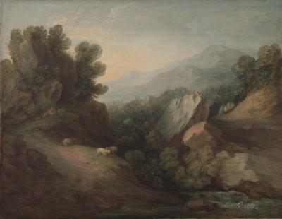 Rotsachtig, bebost landschap met een dal en stuw door Thomas Gainsborough