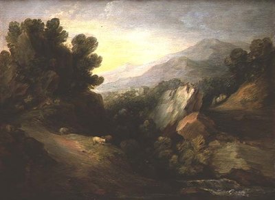 Rotsachtig bebost landschap met schapen bij een waterval door Thomas Gainsborough