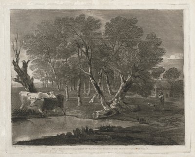 Boslandschap met koeien bij een vijver, figuren en huisje, gepubliceerd in 1797 door Thomas Gainsborough