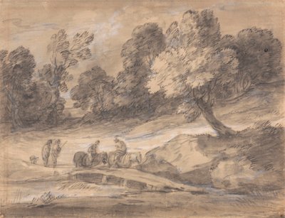 Boslandschap met ruiters die een brug oversteken door Thomas Gainsborough
