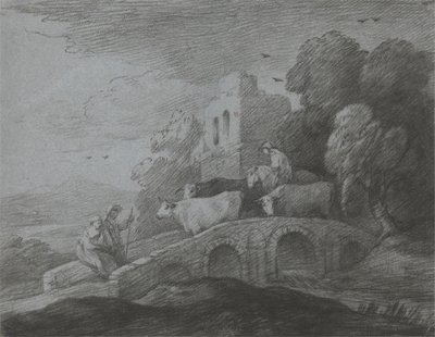 Bosrijk Landschap met Herder die Vee over een Brug Drijft, Rustieke Geliefden en Vernietigd Kasteel door Thomas Gainsborough